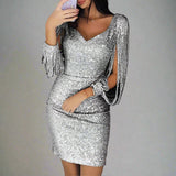 Gitte - Women's Sequin V-Neck Mini Dress with Fringe Sleeves - Silver
