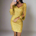 Gitte - Women's Sequin V-Neck Mini Dress with Fringe Sleeves - Yellow