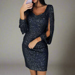 Gitte - Women's Sequin V-Neck Mini Dress with Fringe Sleeves - Black