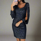 Gitte - Women's Sequin V-Neck Mini Dress with Fringe Sleeves - Black