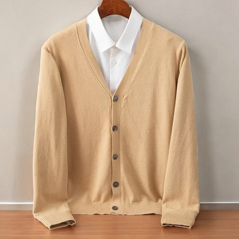 Grayson - Men's Fine Knit V-Neck Button Cardigan - Camel
