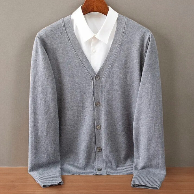 Grayson - Men's Fine Knit V-Neck Button Cardigan - Gray