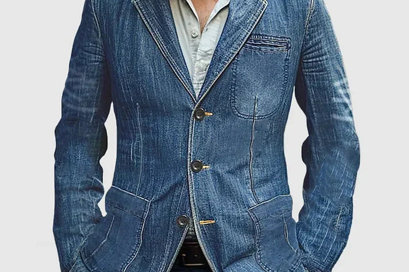 Greg - Men's Denim Look Blazer with Notched Lapels - Light Blue