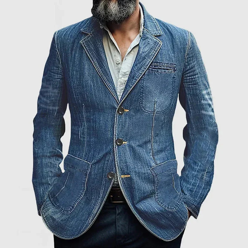 Greg - Men's Denim Look Blazer with Notched Lapels - Light Blue