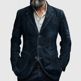 Greg - Men's Denim Look Blazer with Notched Lapels - Dark Blue