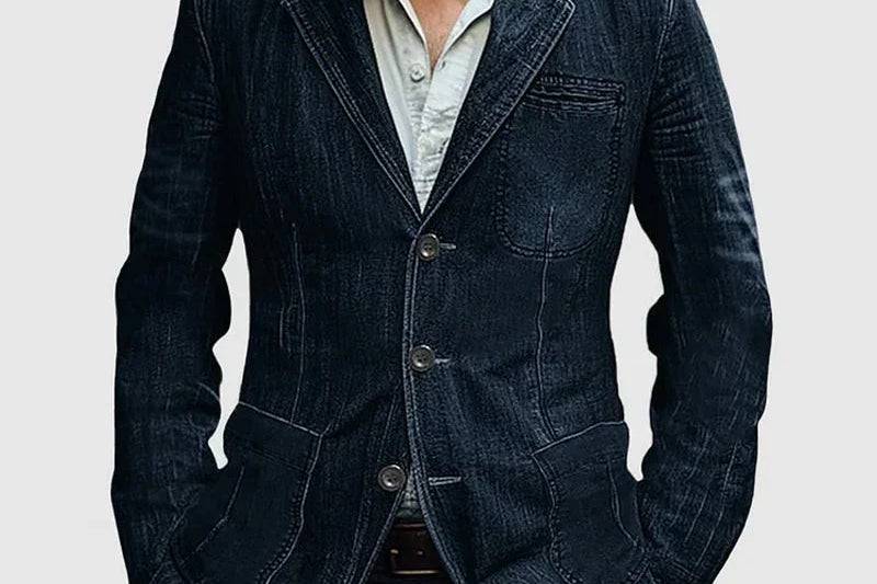 Greg - Men's Denim Look Blazer with Notched Lapels - Dark Blue