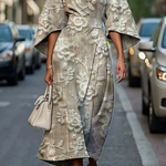Grethe - Women's Kimono Sleeve Midi Dress with Tie Belt - Beige