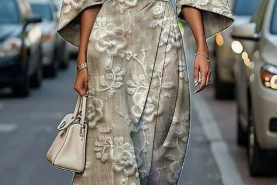 Grethe - Women's Kimono Sleeve Midi Dress with Tie Belt - Beige