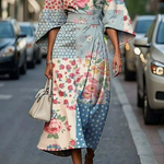 Grethe - Women's Kimono Sleeve Midi Dress with Tie Belt - Light Blue