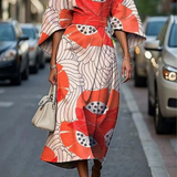 Grethe - Women's Kimono Sleeve Midi Dress with Tie Belt - Orange