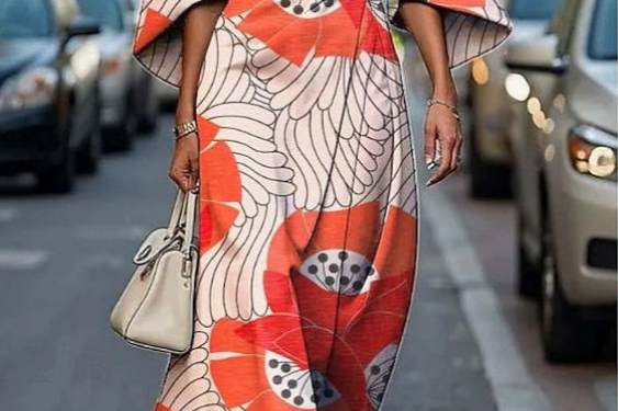 Grethe - Women's Kimono Sleeve Midi Dress with Tie Belt - Orange