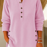 Gunilla - Women's Ribbed Knit Long Sleeve Henley - Pink