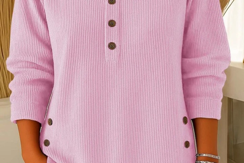Gunilla - Women's Ribbed Knit Long Sleeve Henley - Pink