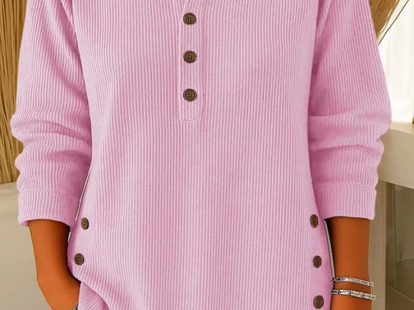 Gunilla - Women's Ribbed Knit Long Sleeve Henley - Pink