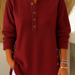 Gunilla - Women's Ribbed Knit Long Sleeve Henley - Red