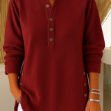 Gunilla - Women's Ribbed Knit Long Sleeve Henley - Red