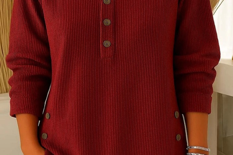 Gunilla - Women's Ribbed Knit Long Sleeve Henley - Red