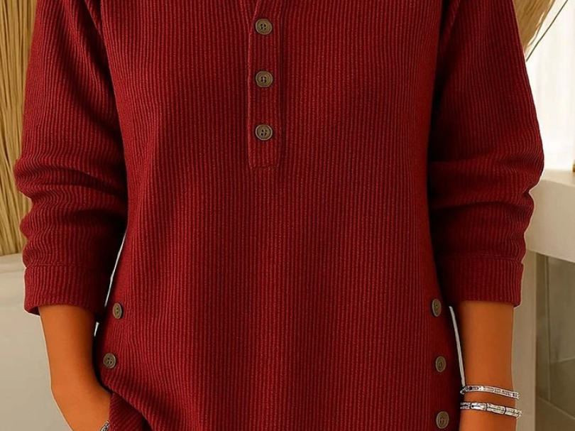 Gunilla - Women's Ribbed Knit Long Sleeve Henley - Red