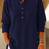 Gunilla - Women's Ribbed Knit Long Sleeve Henley - Dark Blue