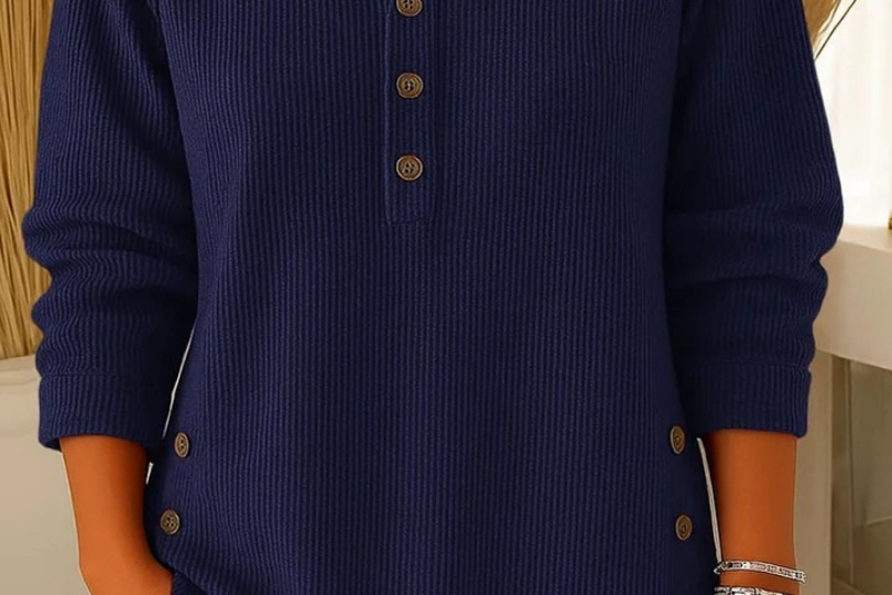 Gunilla - Women's Ribbed Knit Long Sleeve Henley - Dark Blue