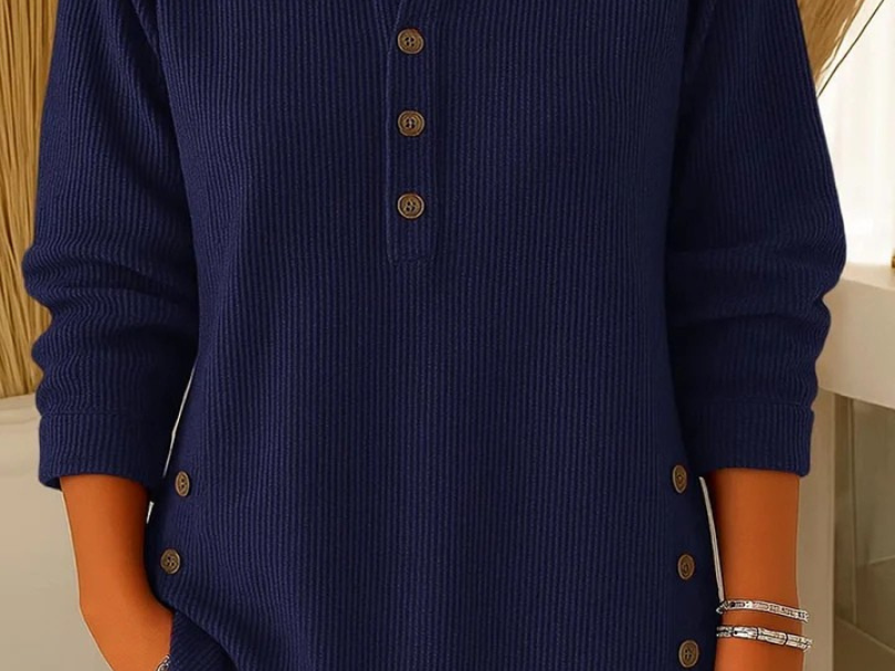 Gunilla - Women's Ribbed Knit Long Sleeve Henley - Dark Blue