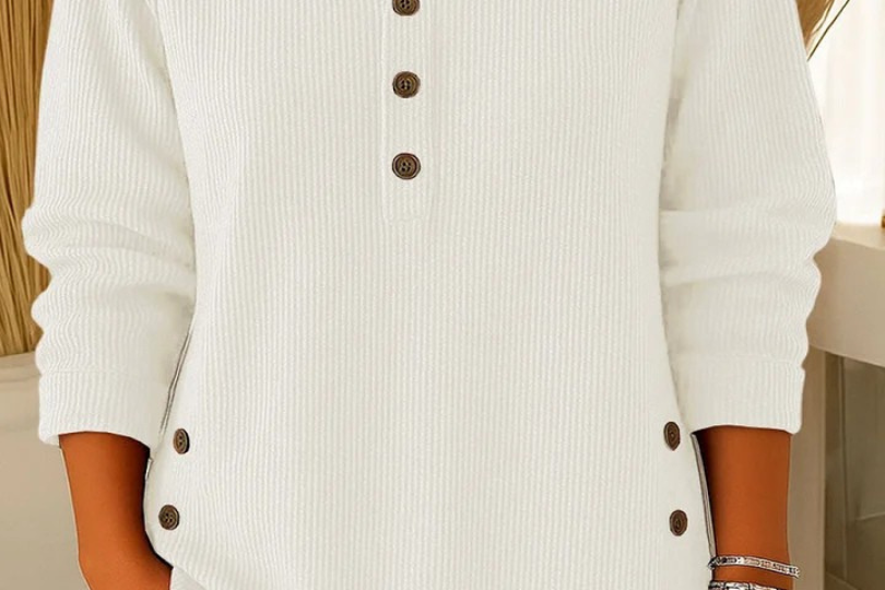 Gunilla - Women's Ribbed Knit Long Sleeve Henley - White