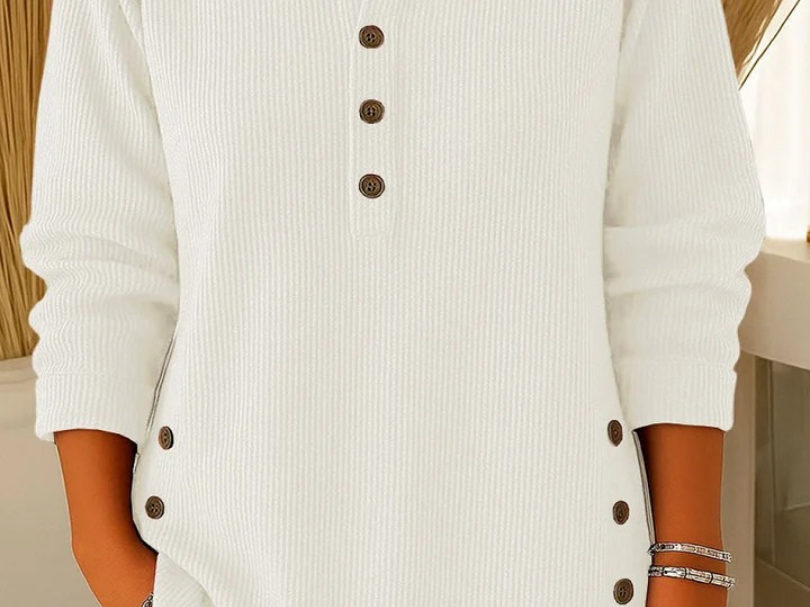 Gunilla - Women's Ribbed Knit Long Sleeve Henley - White