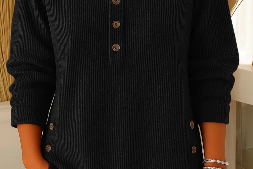 Gunilla - Women's Ribbed Knit Long Sleeve Henley - Black