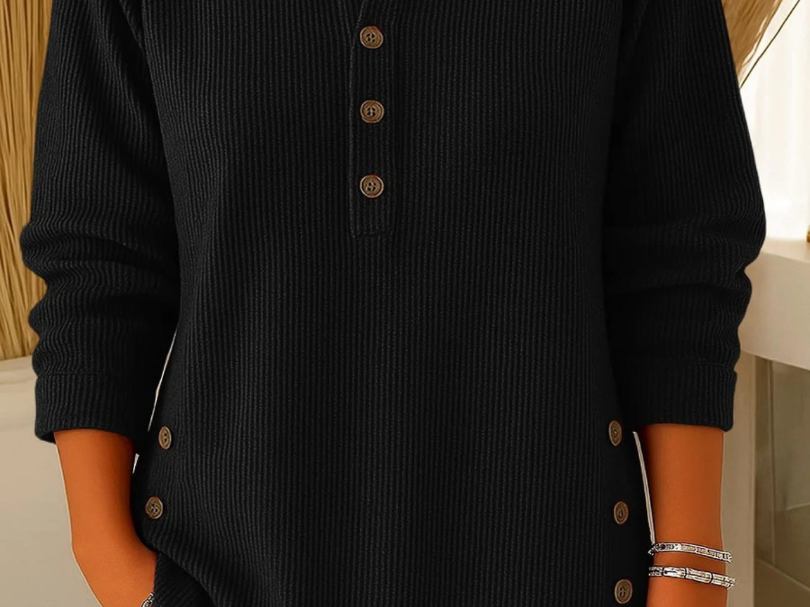 Gunilla - Women's Ribbed Knit Long Sleeve Henley - Black