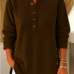 Gunilla - Women's Ribbed Knit Long Sleeve Henley - Dark Brown