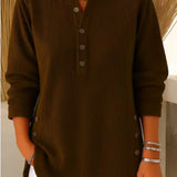 Gunilla - Women's Ribbed Knit Long Sleeve Henley - Dark Brown