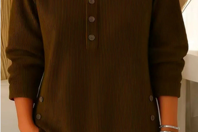 Gunilla - Women's Ribbed Knit Long Sleeve Henley - Dark Brown