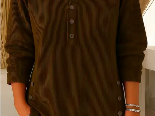Gunilla - Women's Ribbed Knit Long Sleeve Henley - Dark Brown