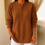 Gunilla - Women's Ribbed Knit Long Sleeve Henley - Brown