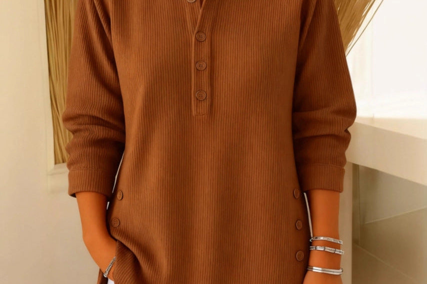 Gunilla - Women's Ribbed Knit Long Sleeve Henley - Brown