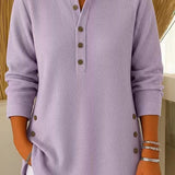 Gunilla - Women's Ribbed Knit Long Sleeve Henley - Purple