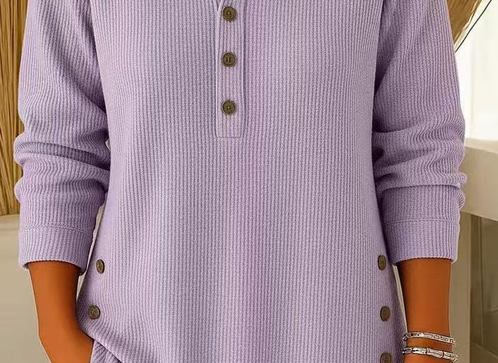 Gunilla - Women's Ribbed Knit Long Sleeve Henley - Purple