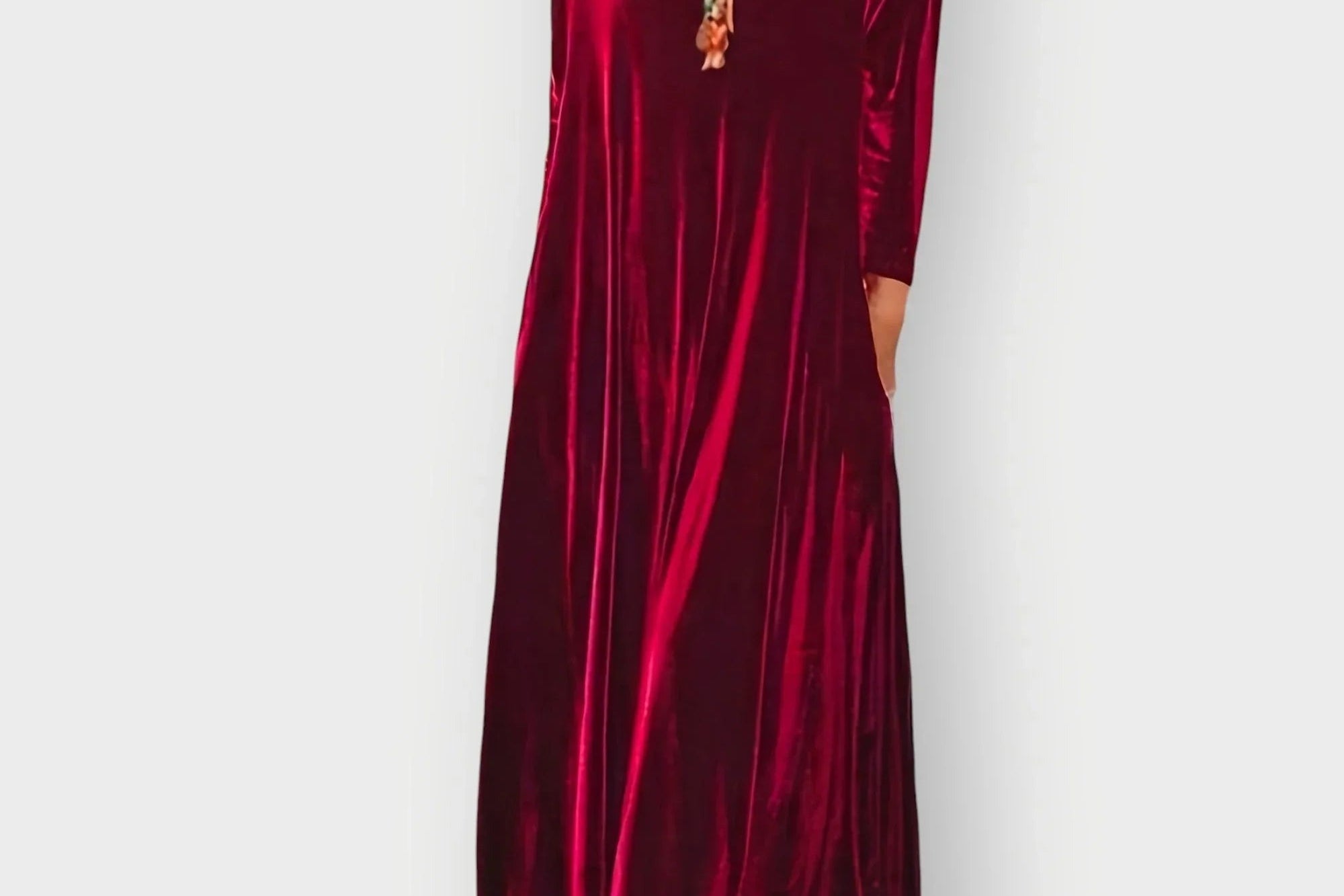 Gwenda - Women's Long Sleeve Velvet Maxi Dress - Burgundy