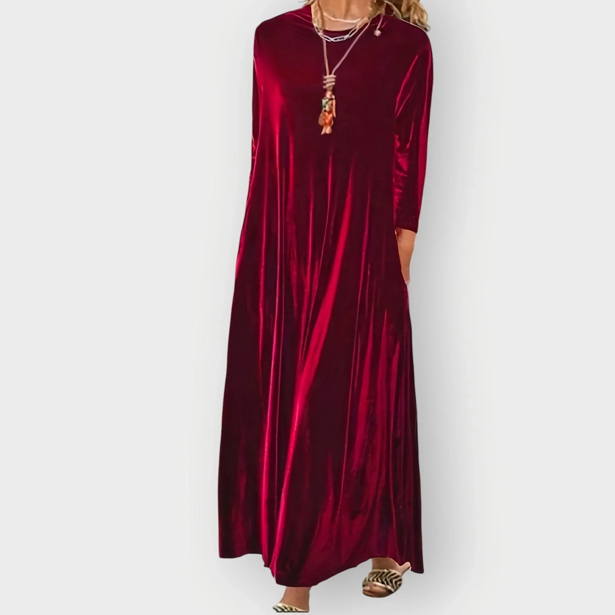 Gwenda - Women's Long Sleeve Velvet Maxi Dress - Burgundy