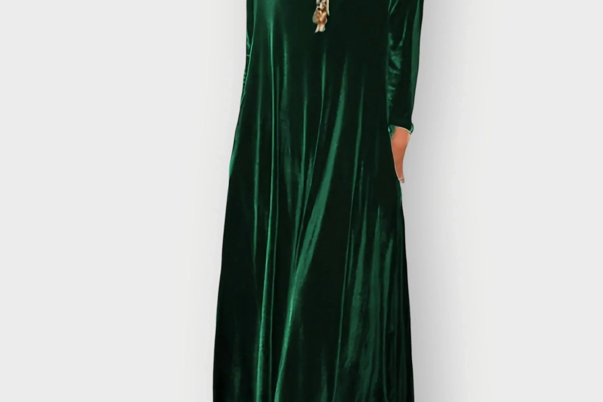 Gwenda - Women's Long Sleeve Velvet Maxi Dress - Dark Green