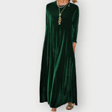 Gwenda - Women's Long Sleeve Velvet Maxi Dress - Dark Green