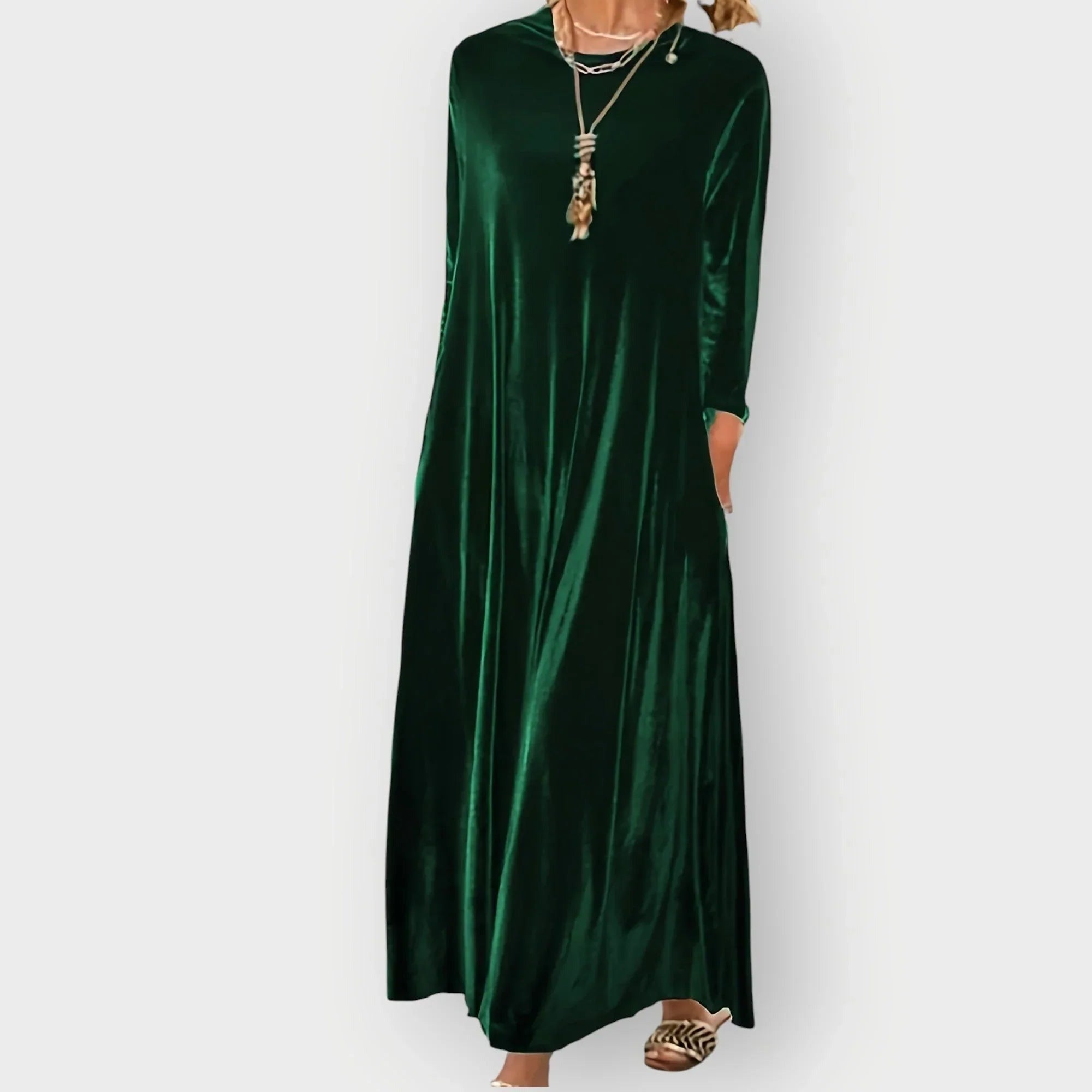 Gwenda - Women's Long Sleeve Velvet Maxi Dress - Dark Green