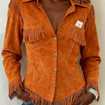 Gwenllian - Women's Fringe Suede-Look Shirt Jacket - Orange