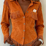 Gwenllian - Women's Fringe Suede-Look Shirt Jacket - Orange