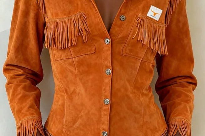 Gwenllian - Women's Fringe Suede-Look Shirt Jacket - Orange
