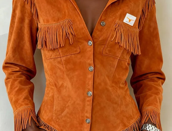 Gwenllian - Women's Fringe Suede-Look Shirt Jacket - Orange