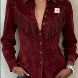 Gwenllian - Women's Fringe Suede-Look Shirt Jacket - Dark Red