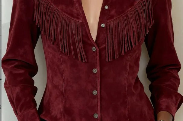Gwenllian - Women's Fringe Suede-Look Shirt Jacket - Dark Red