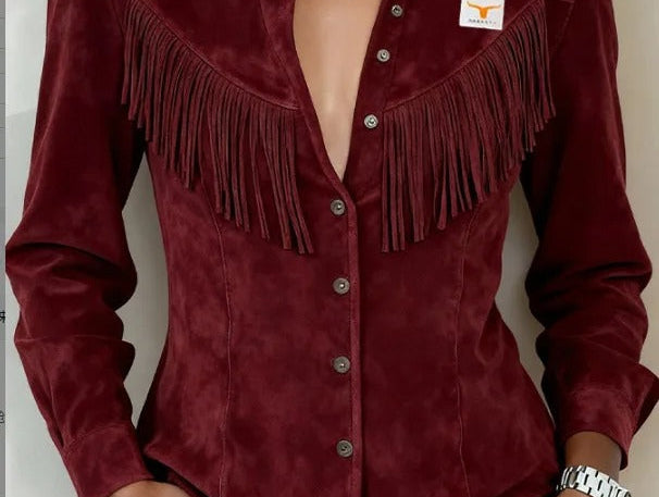 Gwenllian - Women's Fringe Suede-Look Shirt Jacket - Dark Red