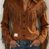 Gwenllian - Women's Fringe Suede-Look Shirt Jacket - Dark Brown